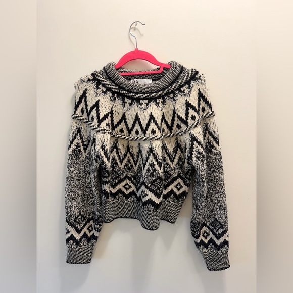 Zara Fair Isle Knit Sweater Black Cream Nordic Print Cozy Chunky - Picture 2 of 6